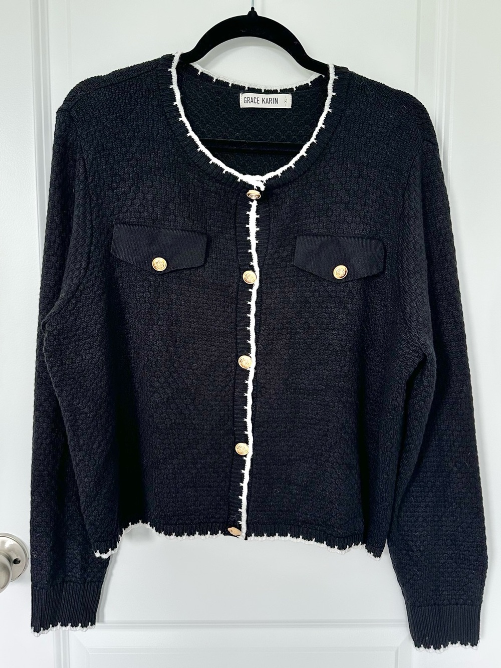 Grace Karin Black Cardigan with White Trim and Gold Buttons
